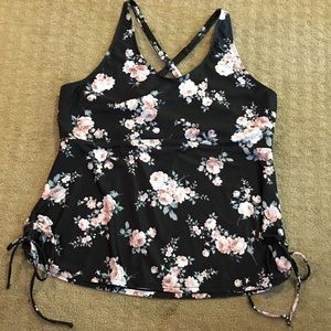 Cute tankini top, black floral design, 4XL
